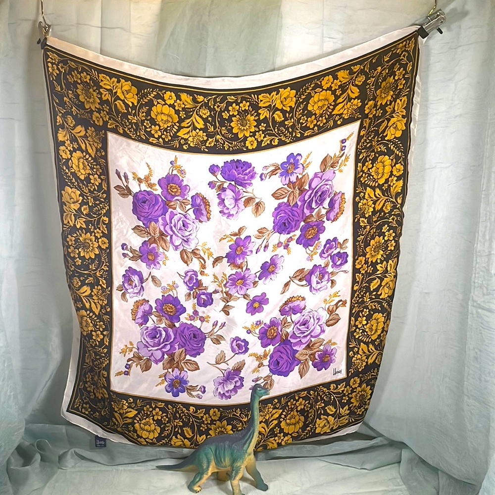 Honey 100% Silk Purple and Gold Floral   Vintage Scarf
